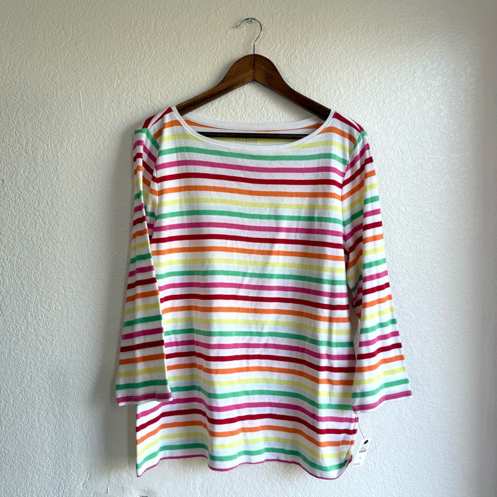 NEW Talbots Womens Shirt Tee Rainbow Stripe Long Sleeve 100% Cotton Size XL